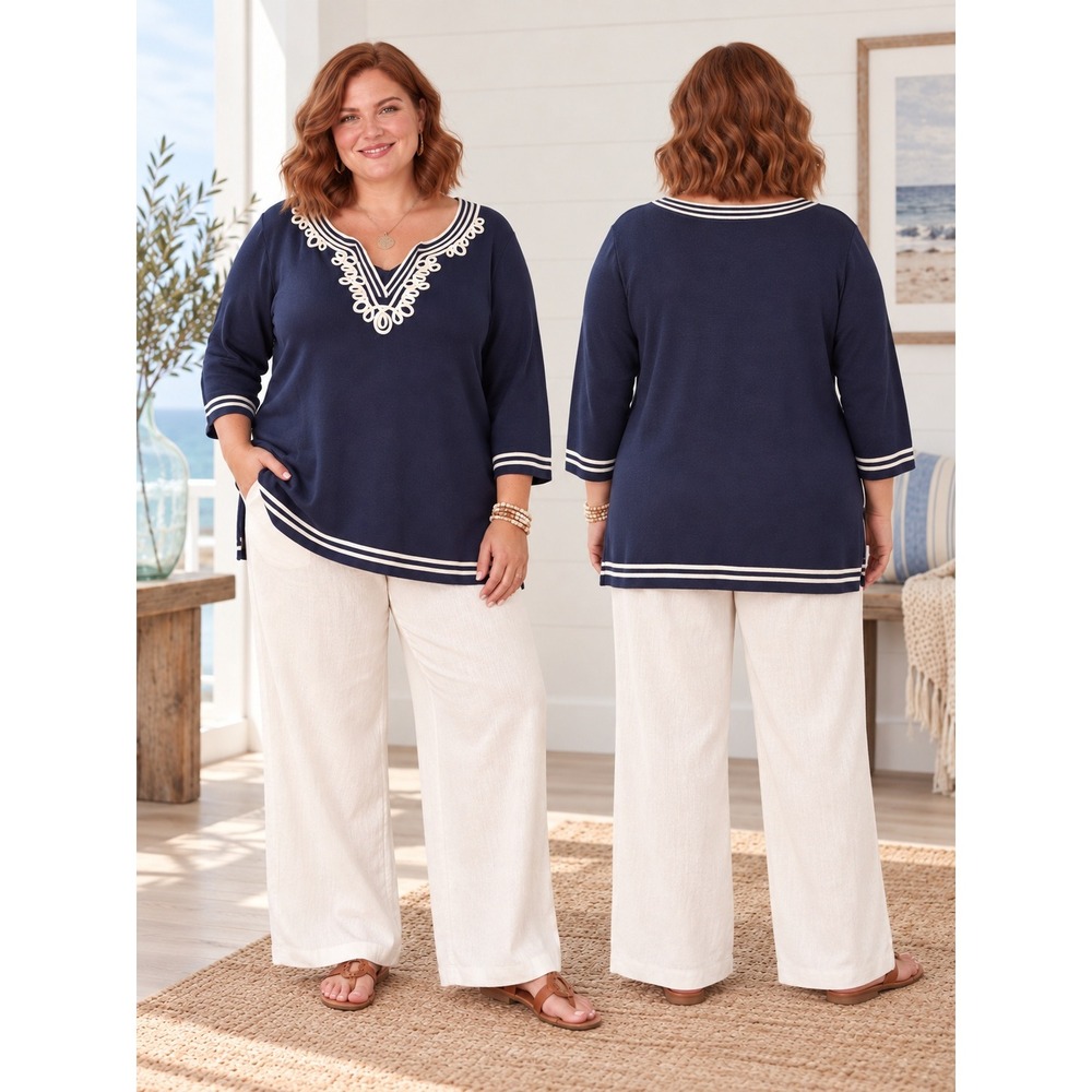 Boho Nautical Old Money PreppyTalbots Blue White Embroidered Sweater 3X NWT